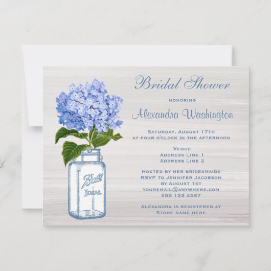 Mason Jar & Blue Hydrangea Grau Brautparty Einladung (Rückseite)