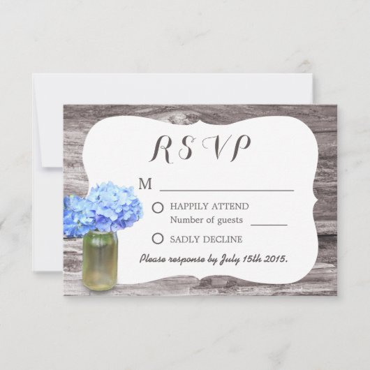 Mason Jar Blue Hydrangea Wood Wedding RSVP (Vorderseite)