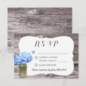 Mason Jar Blue Hydrangea Wood Wedding RSVP Karte (Vorne/Hinten)