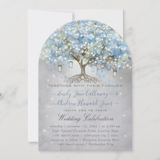 Mason Jar Blue Silver Heart Leaf Tree Fairy Lights Einladung (Vorderseite)