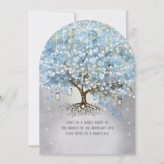 Mason Jar Blue Silver Heart Leaf Tree Fairy Lights Einladung (Rückseite)