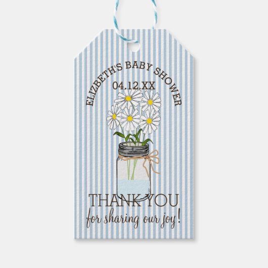 Mason Jar Blue Stripes Baby Dusche Vielen Dank Geschenkanhänger (Vorderseite)