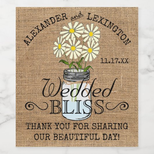 Mason Jar Blume Burlap Rustic Country Wedding Weinetikett (Einzelnes Label)