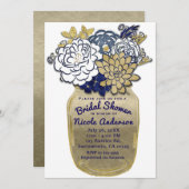 Mason Jar Blume Rustic Blue Gold Floral Bridal Einladung (Vorne/Hinten)