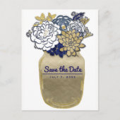 Mason Jar Blume Rustic Blue Gold Save the Date Ankündigungspostkarte (Vorderseite)