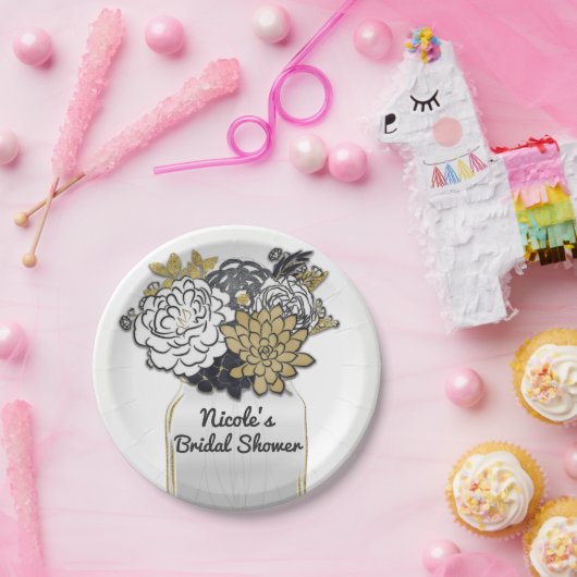 Mason Jar Blume Rustikales Blumengrau & Goldene Ch Pappteller (Party)