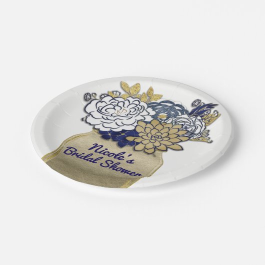 Mason Jar Blume Rustikales Blumenrosa und Goldene Pappteller (Schrägansicht)