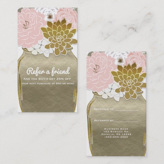 Mason Jar Blume Rustikales Goldenes Rosa Verleihun Empfehlungskarte (Vorne/Hinten)