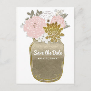Mason Jar Blume Rustikales Rosa Gold Save the Date Ankündigungspostkarte