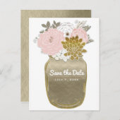 Mason Jar Blume Rustikales Rosa Gold Save the Date Ankündigungspostkarte (Vorne/Hinten)