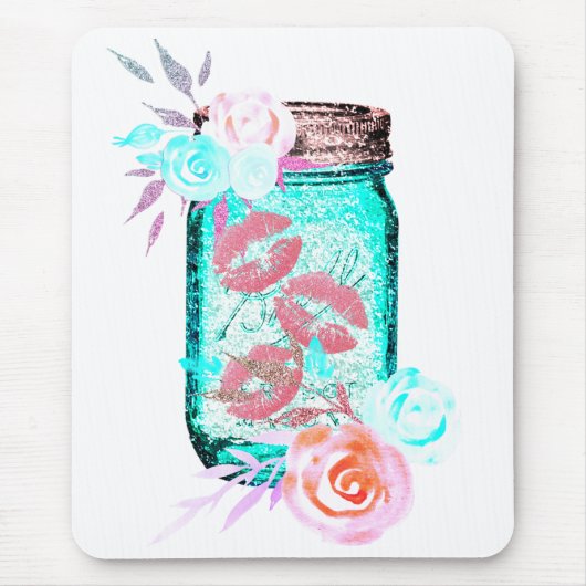 Mason jar Blume Schmetterling Kuss niedliche rosa Mousepad (Vorne)