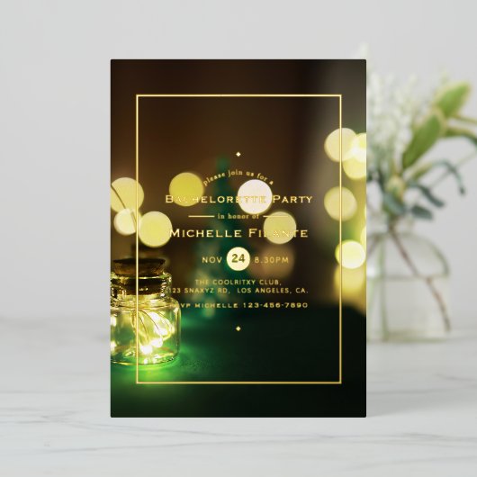 Mason Jar Bokeh Junggeselinnen-Abschied Folieneinladung (Stehend vorne)