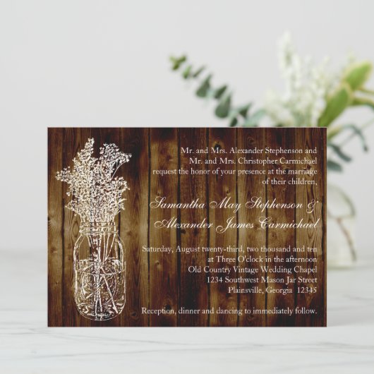 Mason Jar Briefmarke/Dark Wood Plank Einladung Hoc (Stehend Vorderseite)