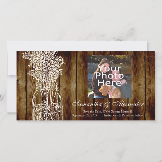 Mason Jar Briefmarke/Dunkles Holz Save the Date (Vorderseite)