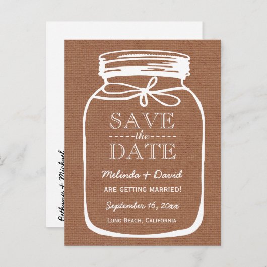 Mason Jar Brown Burlap Save the Date Wedding A08 Ankündigungspostkarte (Vorne/Hinten)