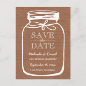 Mason Jar Brown Burlap Save the Date Wedding A08 Ankündigungspostkarte (Vorderseite)
