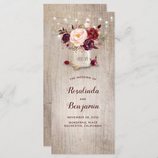 Mason Jar Burgundy Blume Rustikale Hochzeitsprogra Programm (Vorne/Hinten)