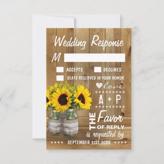 Mason Jar Burlap Lace Sunflower Wedding RSVP Karte (Vorderseite)