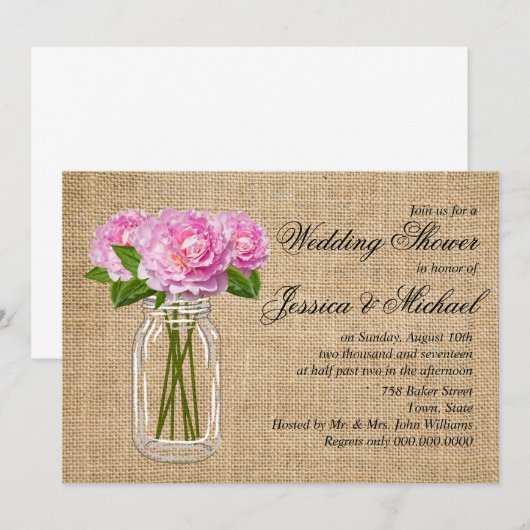 Mason Jar Burlap Peony Polterabend Einladung (Vorne/Hinten)