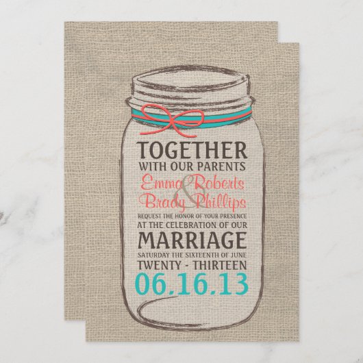 Mason Jar Burlap Rustic Wedding Einladung (Vorne/Hinten)