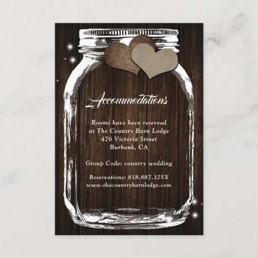 Mason Jar Burlap Rustic Wood Accommodation Cards Begleitkarte (Vorderseite)