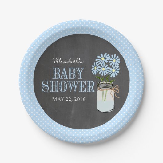 Mason Jar Chalkboard Look Blue Dots Baby Dusche Pappteller (Vorderseite)