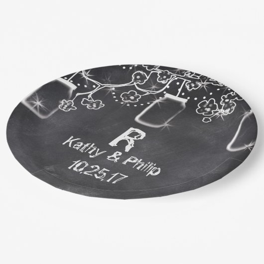 Mason Jar Chalkboard String Lights Rustische Hochz Pappteller (Schrägansicht)