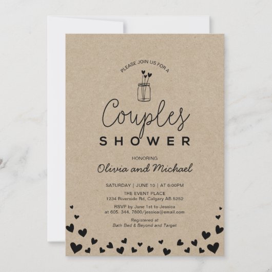 Mason Jar, Chic Kraft Black Couples Polterabend Einladung (Vorderseite)