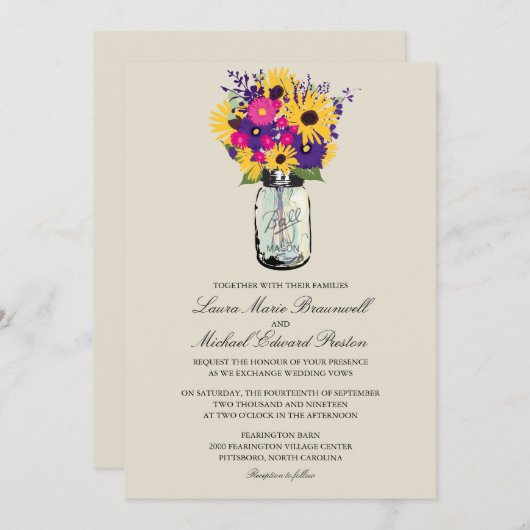 Mason Jar Daisies und Sonnenblumen Hochzeiten Einladung (Vorne/Hinten)