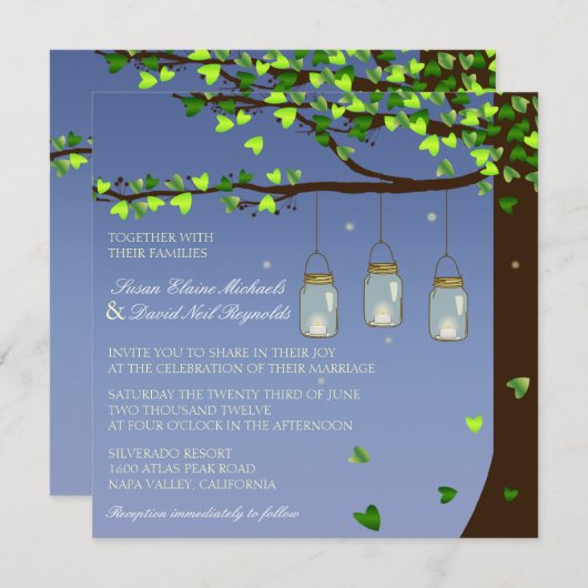 Mason Jar Fireflies Eichenbaum Hochzeitsempfang Einladung (Vorne/Hinten)