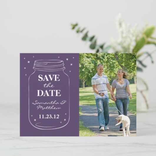 Mason Jar Fireflies Foto Save the Date Lila (Stehend Vorderseite)