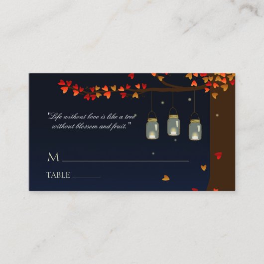 Mason Jar Fireflies Oak Tree Name Cards Platzkarte (Vorderseite)