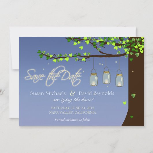 Mason Jar Fireflies Oak Tree Save the Date (Vorderseite)