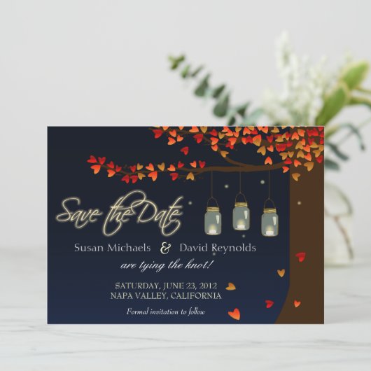Mason Jar Fireflies Oak Tree Save the Date (Stehend Vorderseite)