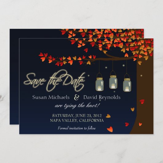 Mason Jar Fireflies Oak Tree Save the Date (Vorne/Hinten)