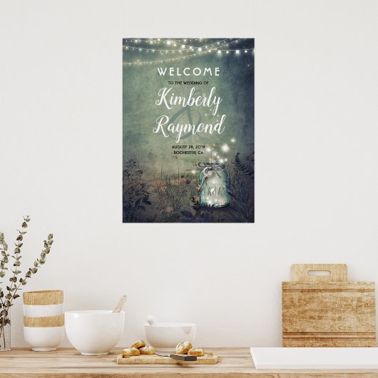 Mason Jar Fireflies Rustic Wedding Welcome Sign Poster (Küche)