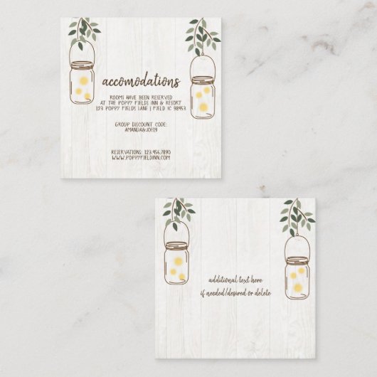 Mason Jar & Fireflies Rustikale Hochzeitsunterkunf Begleitkarte (Vorne/Hinten)