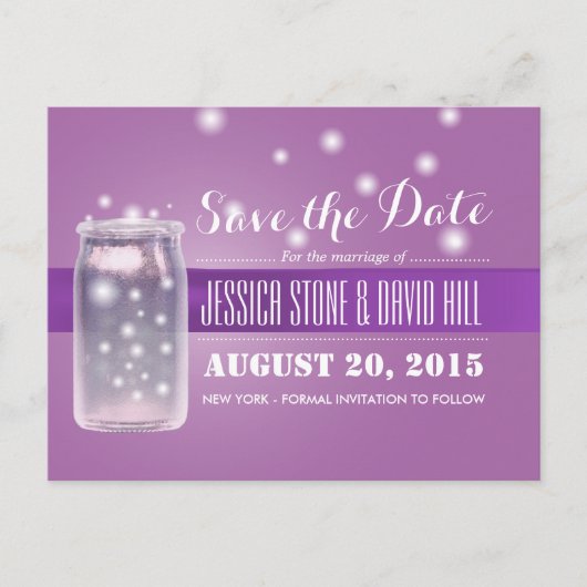 Mason Jar & Fireflies Save the Date Lila Ankündigungspostkarte (Vorderseite)