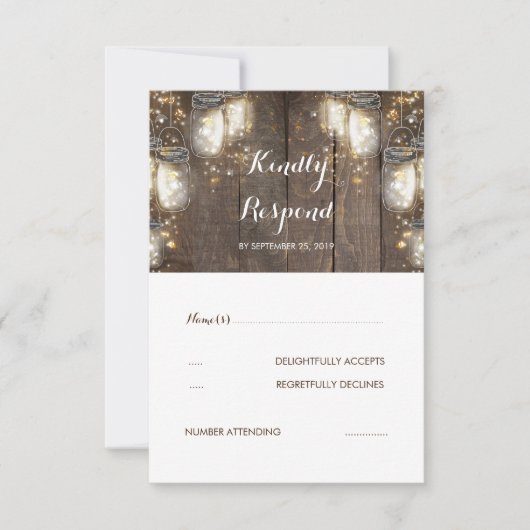 Mason Jar Firefly Lights Rustic Wedding RSVP Karte (Vorderseite)
