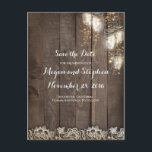 Mason Jar Firefly Lights Save the Date Ankündigungspostkarte<br><div class="desc">Rustikale Save the Date Postkarten mit Glaskeramikleuchten,  Holz,  Spitze</div>