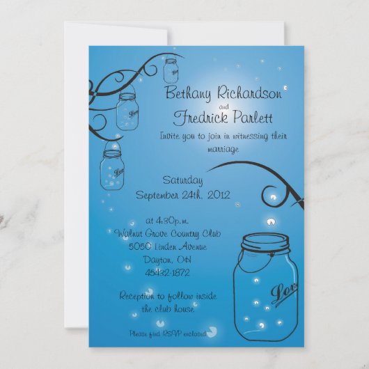 Mason Jar Firefly Wedding Invitation Medium Blue Einladung (Vorderseite)