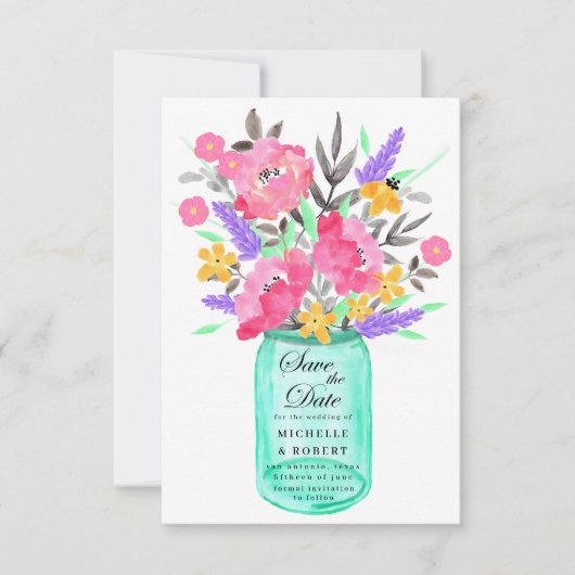 Mason Jar Floral Bouquet Save the Date Card Einladung (Vorderseite)