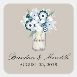 Mason Jar Floral Wedding Quadratischer Aufkleber