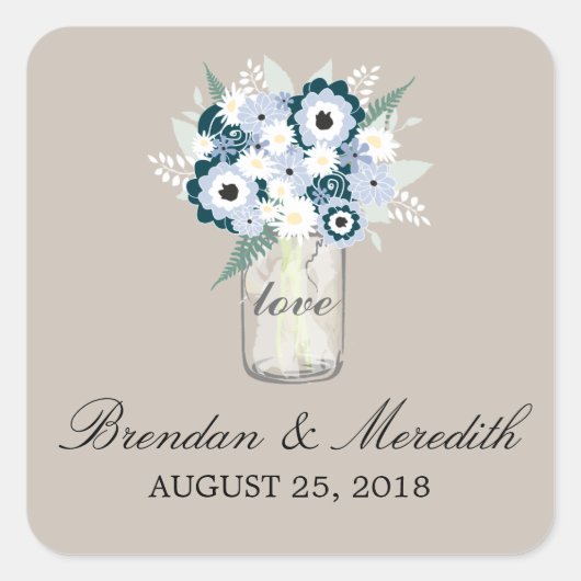 Mason Jar Floral Wedding Quadratischer Aufkleber (Vorderseite)