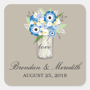 Mason Jar Floral Wedding Quadratischer Aufkleber