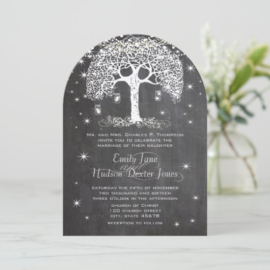 Mason Jar Forest Chalkboard Tree Einladung (Stehend Vorderseite)