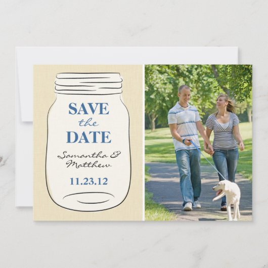 Mason Jar Foto Save the Date Card - Blau (Vorderseite)