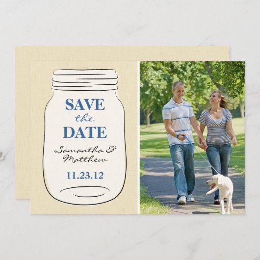 Mason Jar Foto Save the Date Card - Blau (Vorne/Hinten)