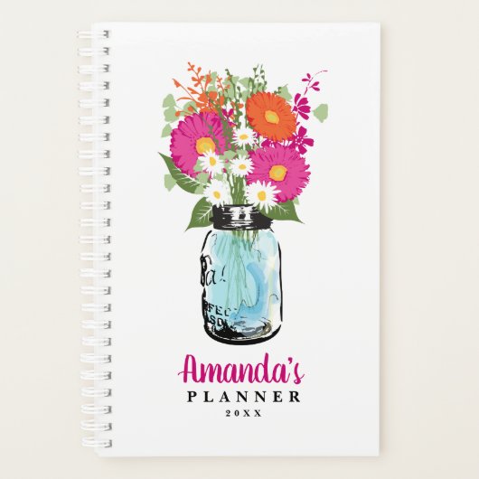 Mason Jar Fuchsia Pink Orange Gerber Daisies Planer (Vorderseite)