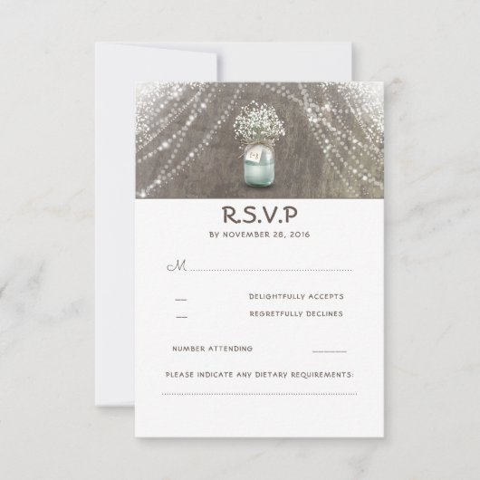 Mason Jar Gipskraut Rustic Wedding RSVP Cards Karte (Vorderseite)